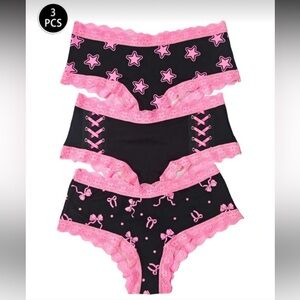 3 pairs of panties &  Pair Pink Bow Tie Black Thigh High Socks